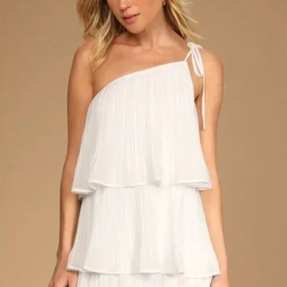 Lulus Blowing Kisses White Pleated One-Shoulder Mini Dress - XL, NWT - Picture 5 of 11